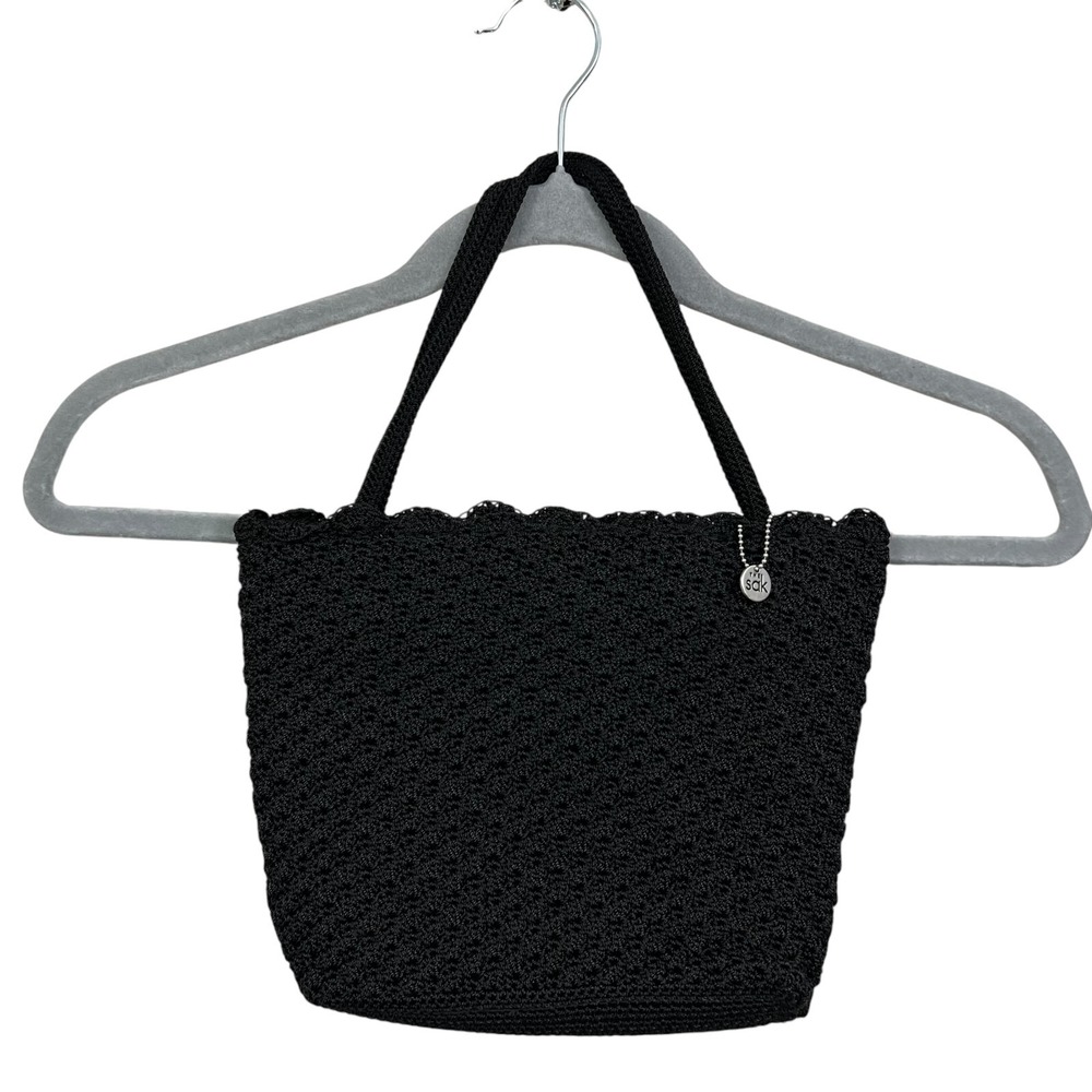 The Sak Woven Hand Bag Purse Braided Handle Inner Zip Pockets Black Sz Small